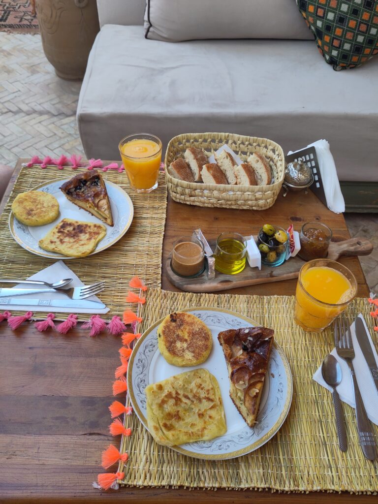 Breakfast in Marrakesh served on the rooftop of our Riad (Riad El Marah)